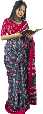 Divastri Printed Daily Wear Cotton Blend Saree(Dark Blue)