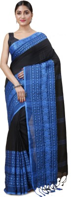 DipDiya Woven Handloom Pure Cotton Saree(Black, Blue)