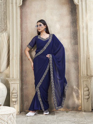 Tikhi Imli Embroidered Pant Saree Georgette Saree(Blue)