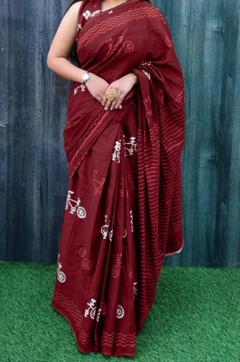 SellZone Printed Hand Batik Mulmul Saree(Maroon)
