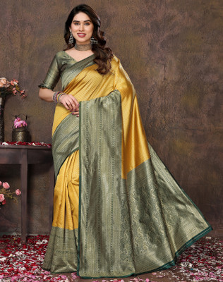Divastri Self Design Banarasi Cotton Silk Saree(Yellow)
