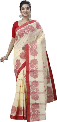 SUBHO SAREE CENTRE Woven, Embellished, Self Design Tant Pure Cotton Saree(Red, Cream)