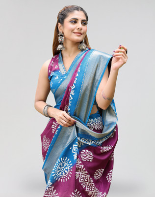 ANIRAV Printed Bollywood Jacquard, Art Silk Saree(Purple, Blue)