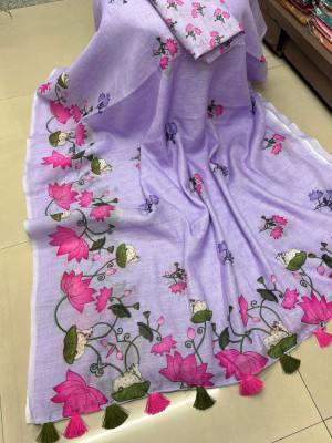 ROFOLO Digital Print, Printed Bollywood Cotton Linen Saree(Purple)