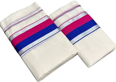 AS LAKXAGAN TEXTILES Striped, Solid/Plain Handloom Cotton Blend Saree(White, Pink, Blue)