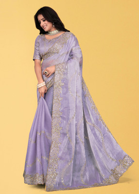 Mortile Designer Studio Embroidered Banarasi Georgette Saree(Purple)