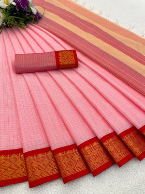 KanjiQueen Checkered Jamdani Silk Blend, Cotton Blend Saree(Pink, Red)