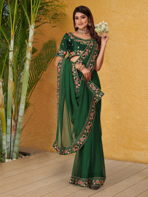 Dharvee fashion Embroidered, Floral Print Bollywood Georgette Saree(Dark Green, Green)