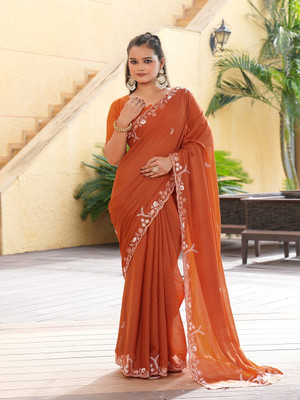 Tasrika Embellished, Embroidered Bollywood Silk Blend Saree(Orange)