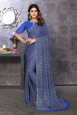 Priyashi Floral Print Daily Wear Georgette Saree(Blue, Red)