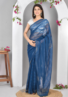 Rozycom Embellished Saree with Attached Blouse Georgette Saree(Blue)