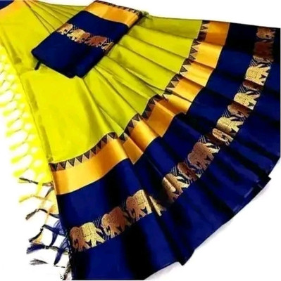 NST5 Woven Maheshwari Cotton Silk Saree(Yellow, Dark Blue)