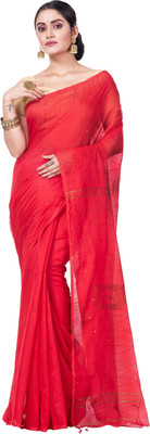 DipDiya Self Design Handloom Cotton Linen Saree(Red)