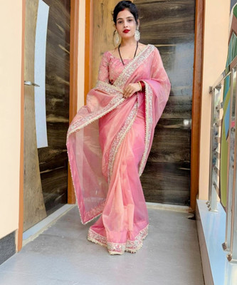 ShivGori Solid/Plain Bollywood Tissue, Silk Blend Saree(Pink)