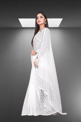 Nexaafashion Embroidered Bollywood Net Saree(White)