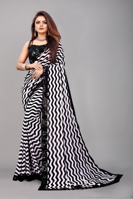 RUKHA FAB Printed, Self Design, Hand Painted, Ombre, Embellished, Floral Print, Solid/Plain Daily Wear Georgette, Chiffon Saree(White, Black)