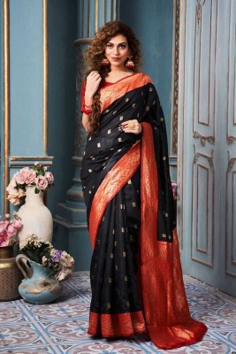 SHREE GHANSHYAM FASHION Woven, Embellished, Self Design, Striped Banarasi Cotton Silk Saree(Black)