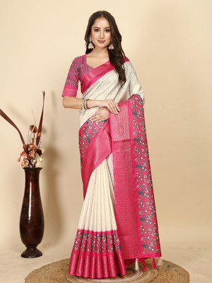 J6 Designers Checkered Assam Silk Art Silk Saree(Cream)