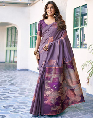 Sangria Woven Banarasi Silk Blend, Jacquard Saree(Purple, Multicolor)
