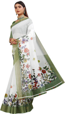Mervadiya Printed Kanjivaram Pure Cotton, Chanderi Saree(White, Green)