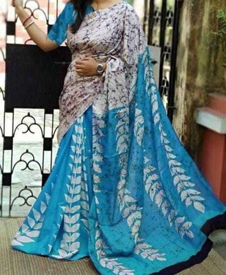 DASTKARPRINT Printed, Color Block, Blocked Printed, Floral Print Daily Wear Pure Cotton Saree(Blue)