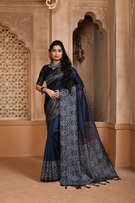 PeachPetals Floral Print Banarasi Cotton Silk Saree(Dark Blue)