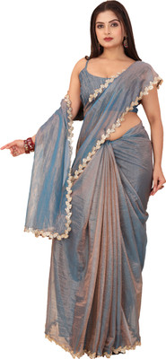 Vivrat Solid/Plain Bollywood Jimmy choo Saree(Blue)