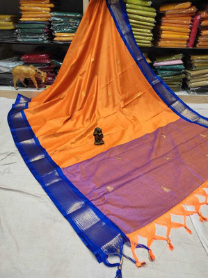 Fab Silk Embroidered Kanjivaram Silk Blend Saree(Gold, Blue)