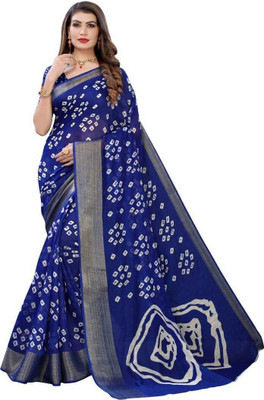 Suali Geometric Print Bandhani Cotton Silk Saree(Dark Blue)