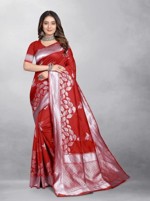 Hinayat Fashion Woven Kanjivaram Jacquard, Cotton Silk Saree(Red)