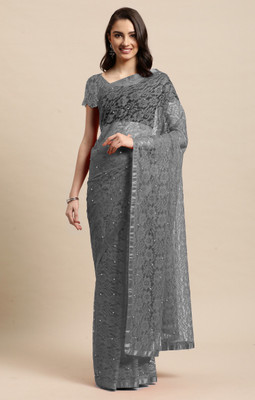 LOROFY Embellished Bollywood Net, Jacquard Saree(Grey)