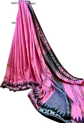 kalpana handloom Checkered, Solid/Plain, Temple Border Handloom Pure Cotton Saree(Pink)