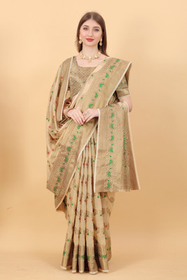 KV Fashion Woven Daily Wear Cotton Blend Saree(Beige)