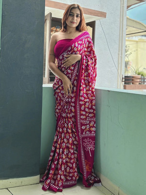 Divastri Printed Ikkat Cotton Blend Saree(Maroon)