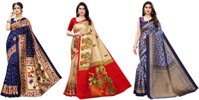 YASHIKA Printed, Woven Kalamkari Art Silk Saree(Pack of 3, Dark Blue, Beige, Blue)