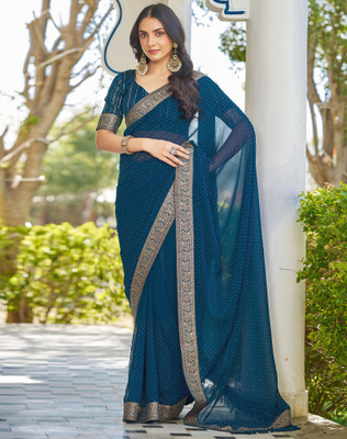SIRIL Solid/Plain, Embellished Bollywood Georgette Saree(Blue)
