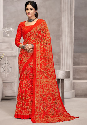 Sudarshana Geometric Print Bandhani Chiffon Saree(Orange)