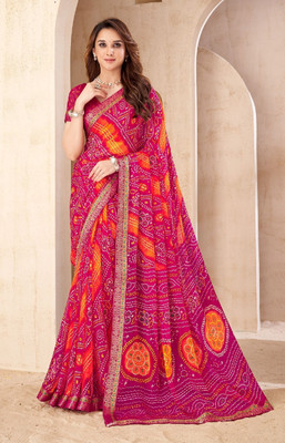 Swarne Digital Print Bandhani Chiffon Saree(Pink)