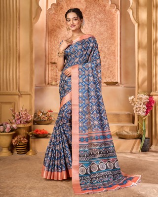 Divastri Floral Print, Digital Print Handloom Cotton Blend, Satin Saree(Dark Blue)