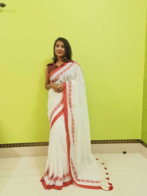 Ganesh plastic and industry Solid/Plain Handloom Cotton Silk Saree(White)