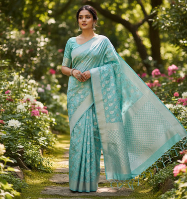 saaree Floral Print, Woven Banarasi Jacquard Saree(Blue)