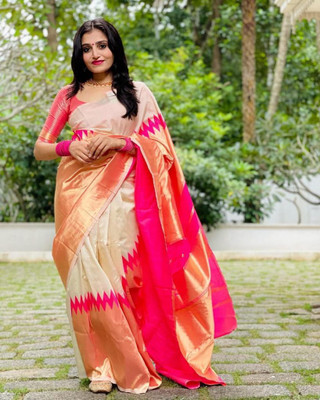 Rudr Venture Self Design Banarasi Cotton Silk Saree(Beige)