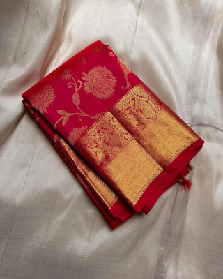 RUCHAA FASHION Floral Print, Woven Kanjivaram Silk Blend Saree(Red)