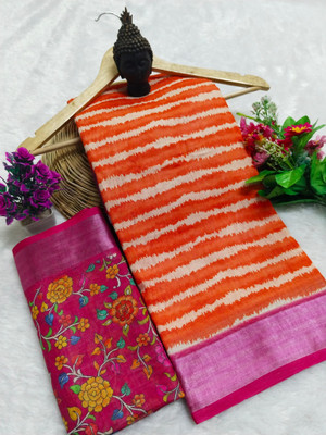 HouseOfCommon Printed Kanjivaram Pure Cotton, Cotton Silk Saree(Orange, Pink)
