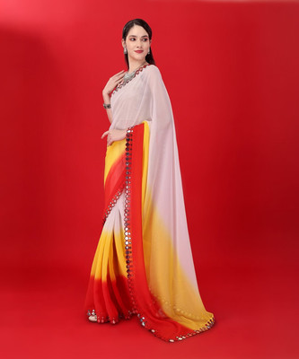 GRANTHI ENTERPRISE Striped Bollywood Georgette Saree(White, Yellow, Red)