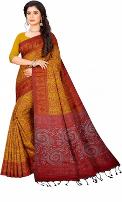 Padma Self Design, Printed Sambalpuri Pure Cotton Saree(Yellow)