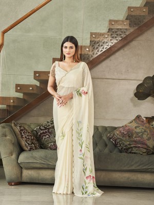 Tikhi Imli Printed Bollywood Satin Saree(Cream)