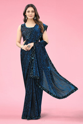 Amavii Embellished, Self Design Banarasi Lycra Blend Saree(Blue)