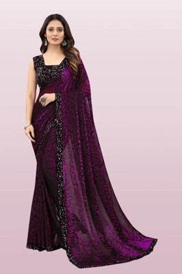HouseOfCommon Floral Print Bollywood Lycra Blend Saree(Purple)