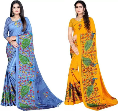 Leelavati Printed Bollywood Crepe Saree(Pack of 2, Grey, Yellow)
